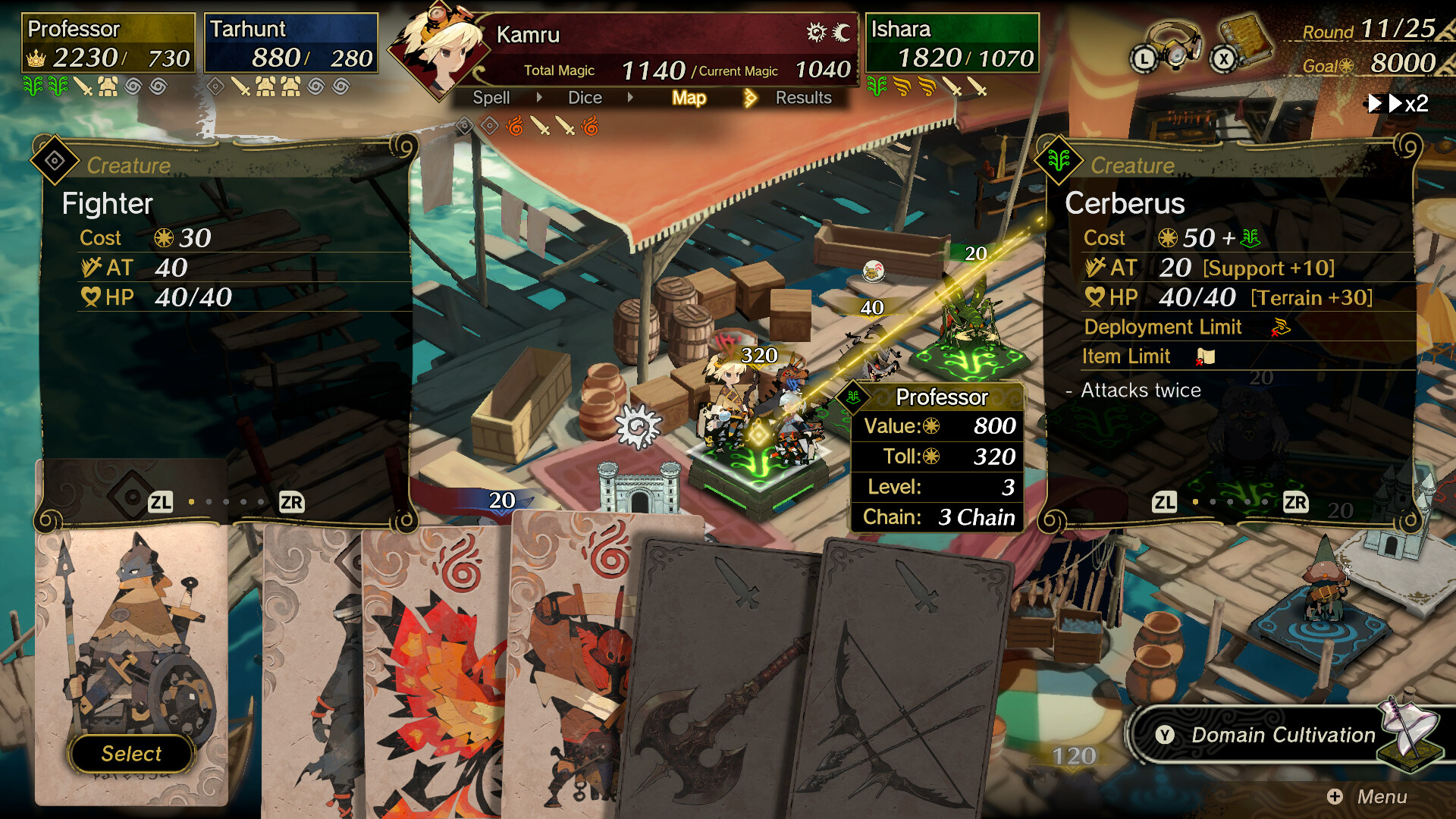 Culdcept BEGINS board map mid-match: a creature on a claimed territory faces the Professor's land, with the Fighter and Cerberus stat panels, a hand of cards, and a Total Magic counter of 1140 against a goal of 8000.