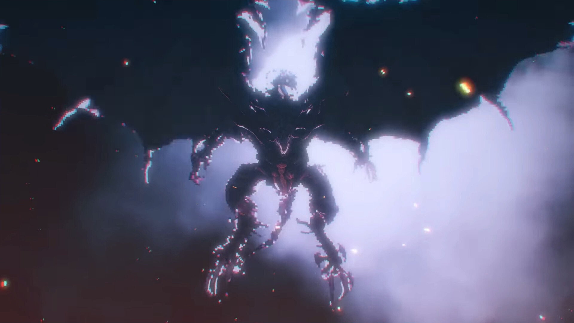 A dark winged monster with a horned head and clawed legs, silhouetted against a blinding burst of white light with drifting embers and lens flares.