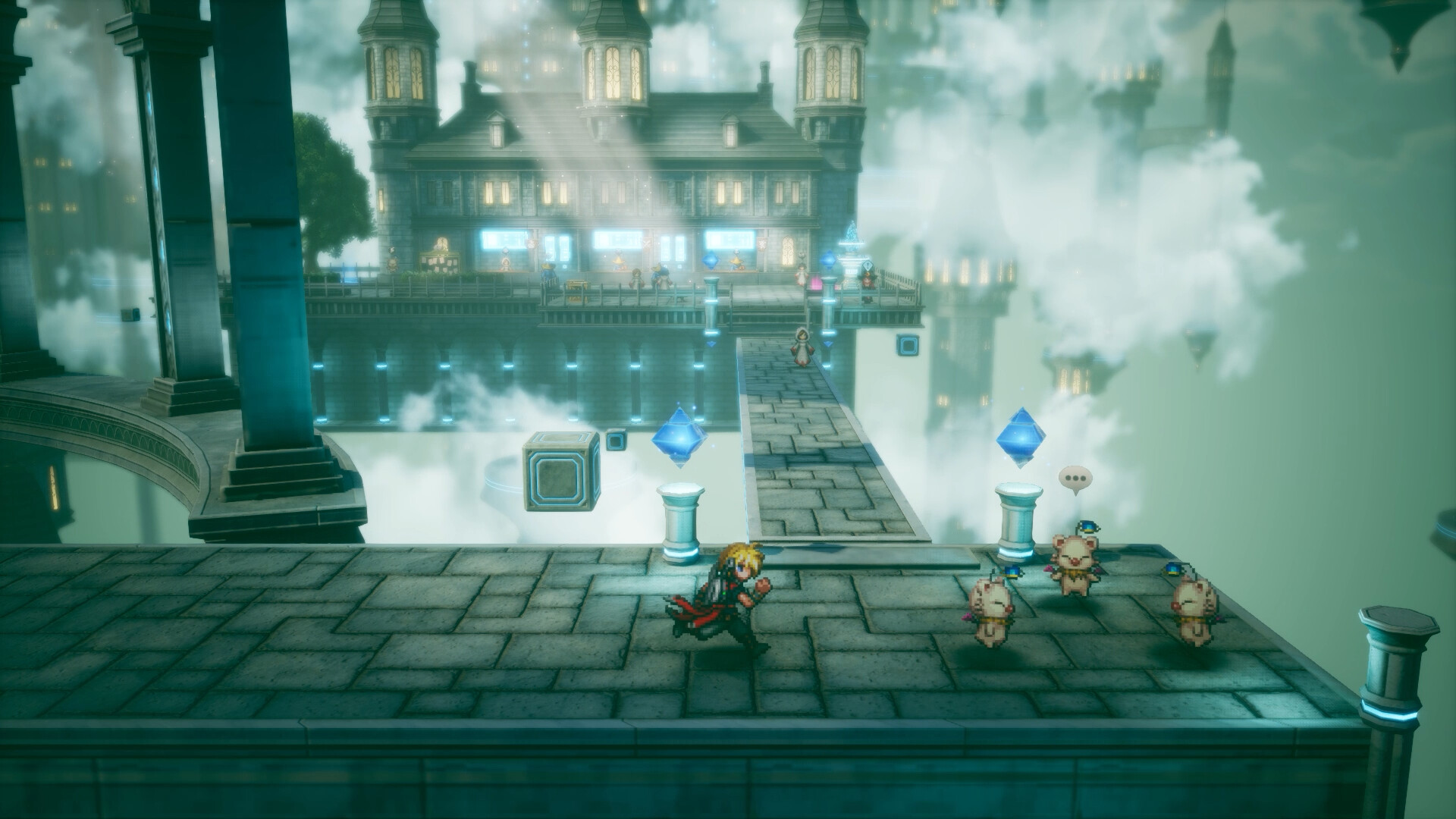 Three moogles stand on a stone plaza in FINAL FANTASY RESONANCE, the middle one showing a speech bubble, beside the glowing teal pillars of a town.