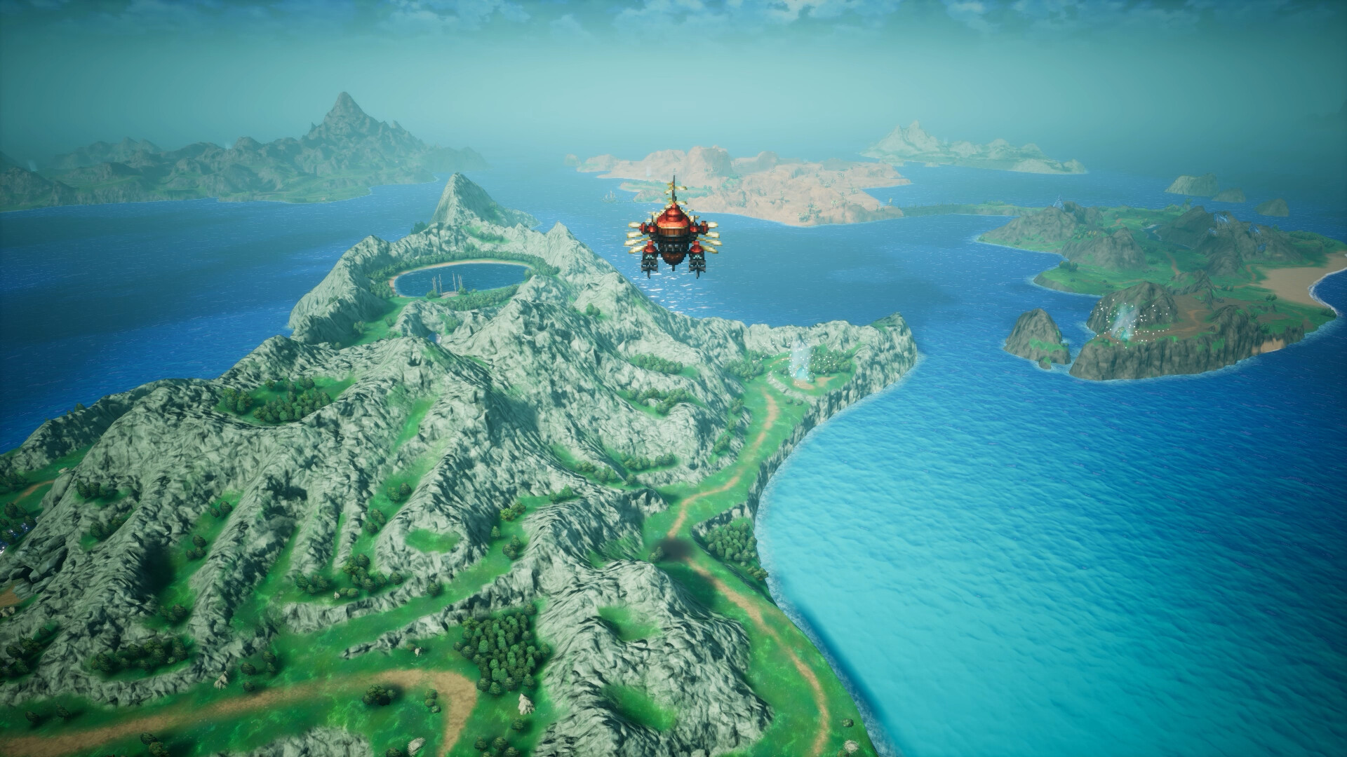 The FINAL FANTASY RESONANCE world map: the red and gold airship flies over a blue sea toward a pale island, with green hills in the foreground and a sailing ship on the water to the left.