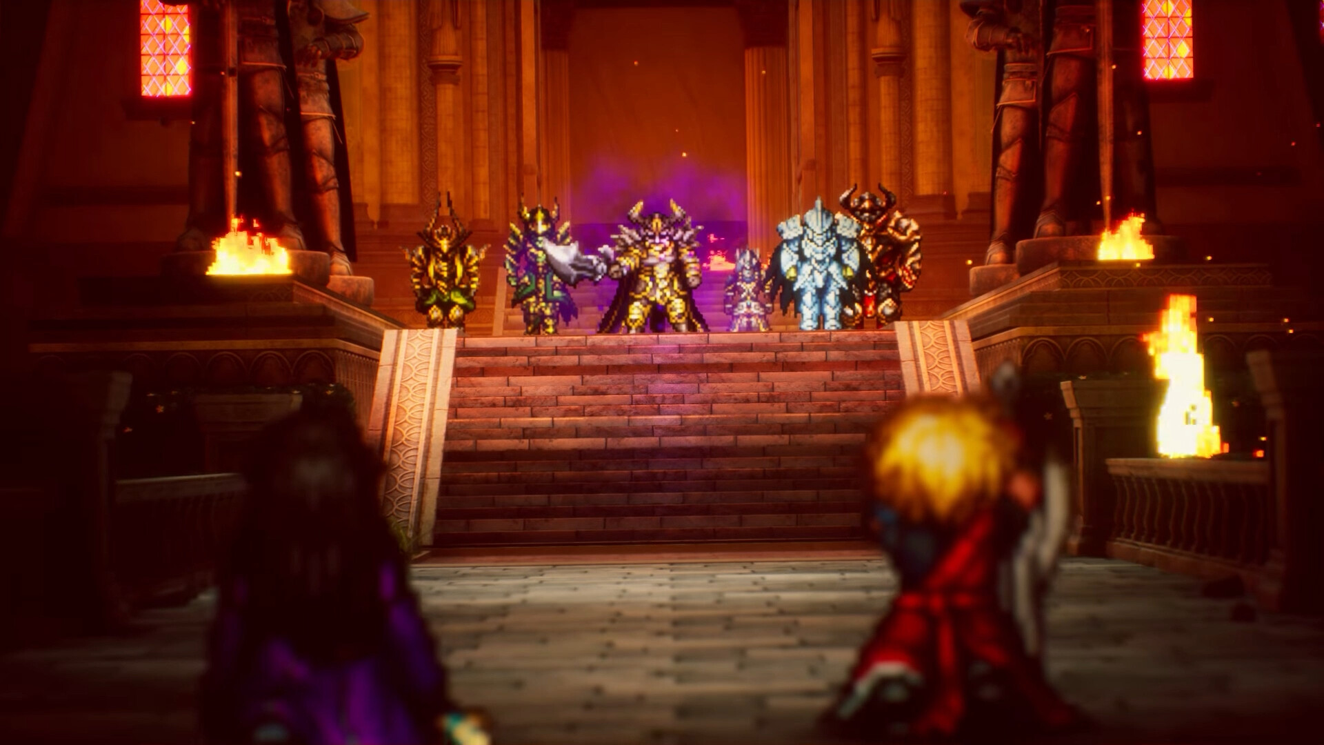 A story boss fight in FINAL FANTASY RESONANCE: a line of armoured, horned enemies stands at the top of a stone staircase inside a burning temple with stained-glass windows, while the party's blond swordsman waits in the foreground.