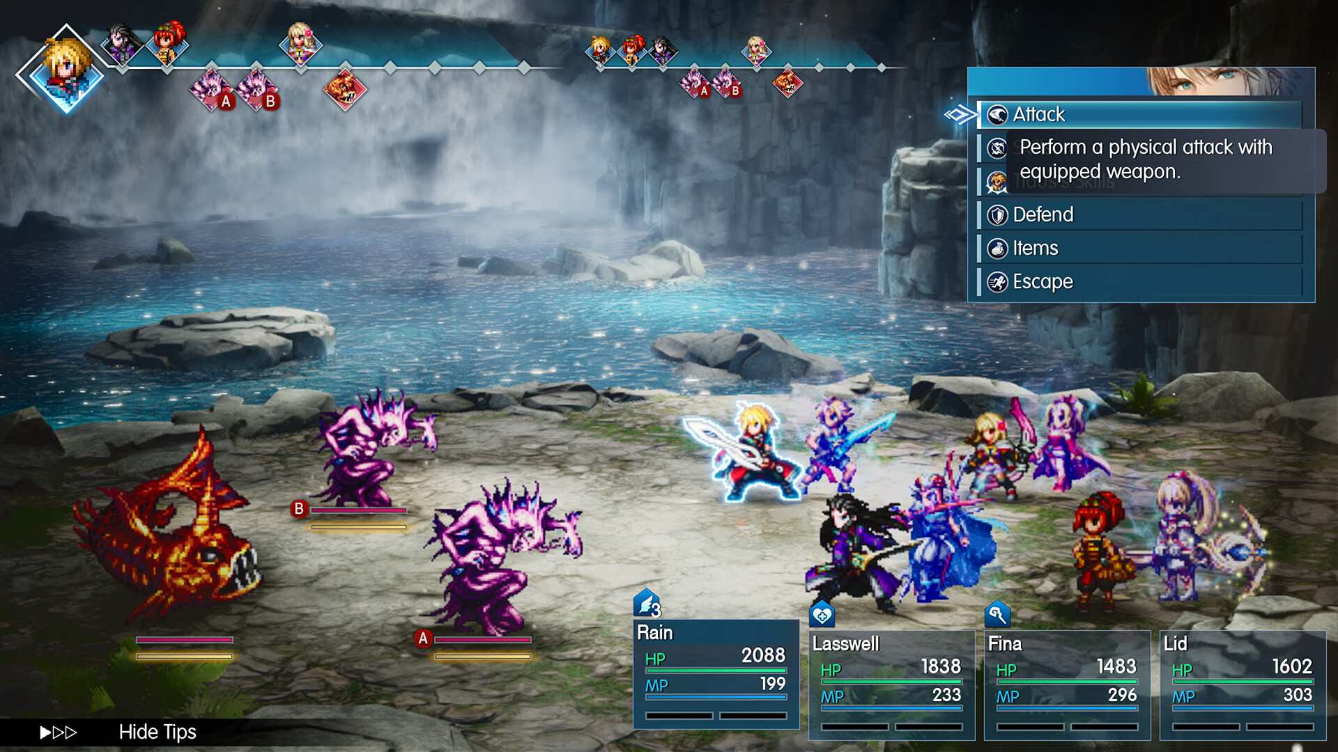 The FINAL FANTASY RESONANCE battle screen: the turn order runs left to right across the top as portraits and blue diamond markers, the command menu on the right offers Attack, Defend, Items and Escape, and the panels along the bottom show Rain, Lasswell, Fina and Lid with their HP and MP.