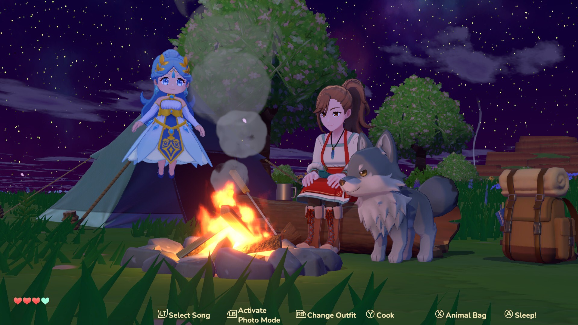 A campsite at night under a starry sky: a campfire burning in a stone ring with a pot on it, a green tent and the Harvest Goddess spirit beside it, with the camp command bar reading Select Song, Activate Photo Mode, Change Outfit, Cook, Animal Bag and Sleep.