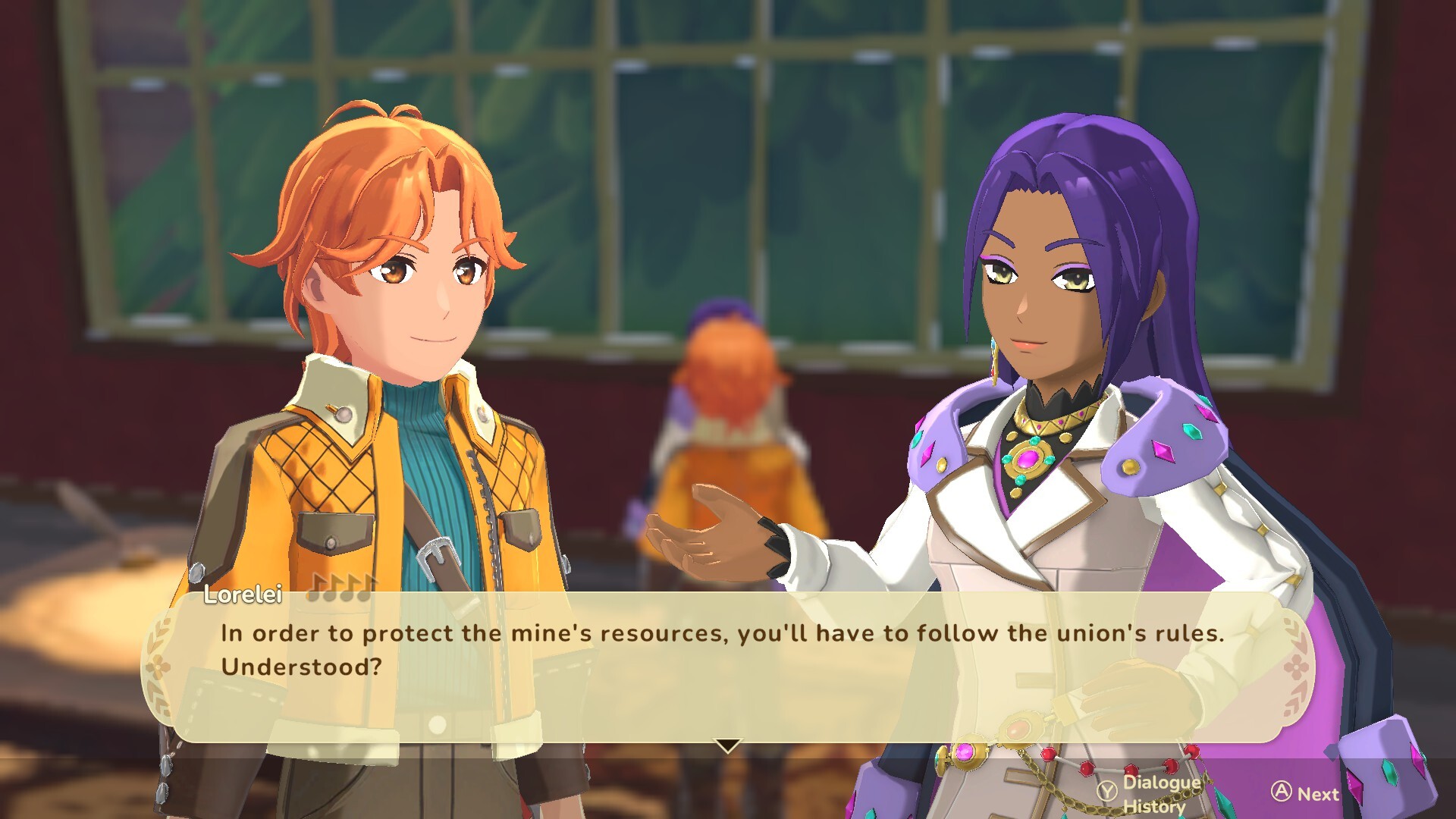 The Quarrytop mining union: Lorelei, in a white coat with lavender shoulder pieces and a gold necklace, gestures while the dialogue box reads 'In order to protect the mine's resources, you'll have to follow the union's rules. Understood?'