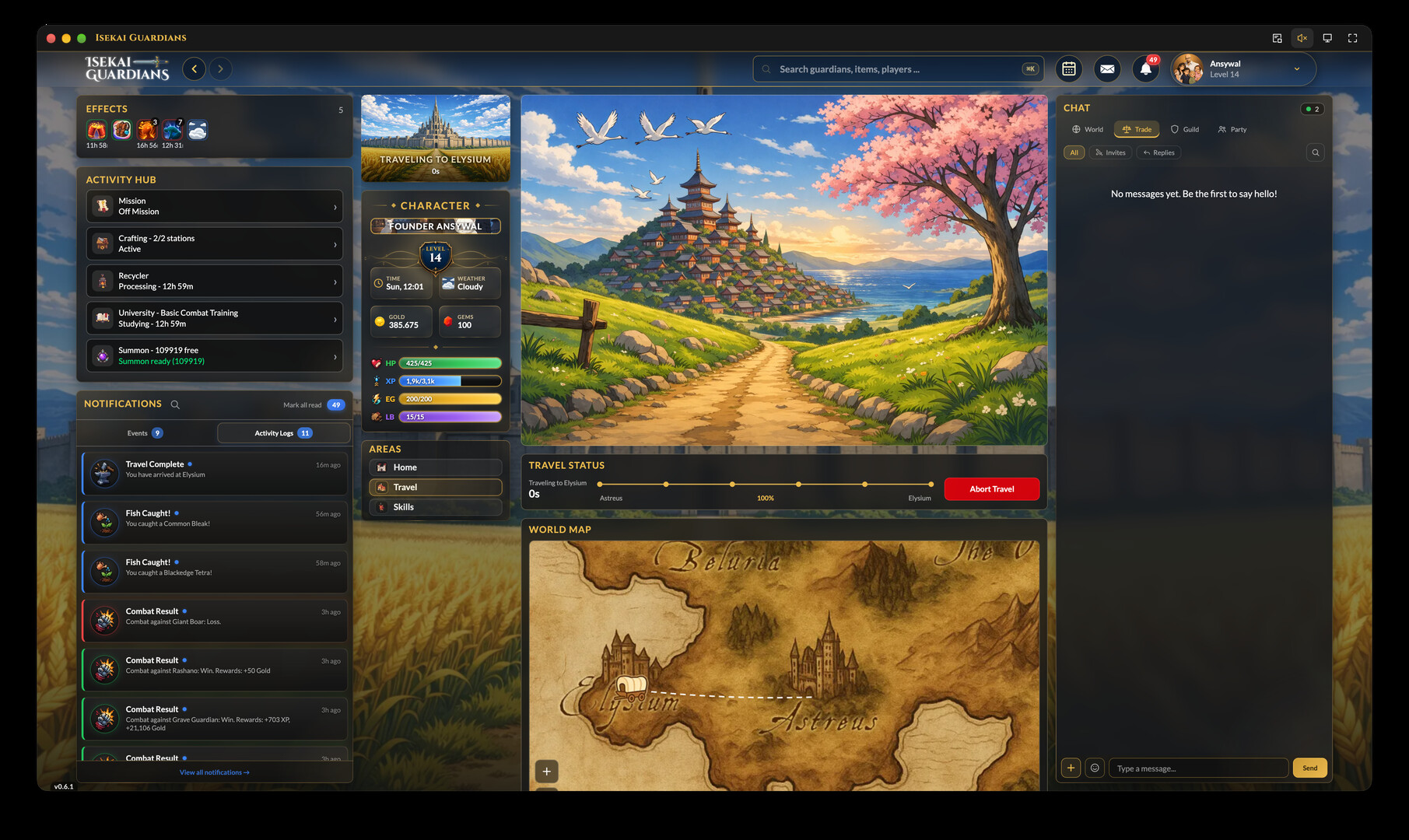 In-game travel screen: a scenic banner of a pagoda tower, flying birds and a cherry blossom tree above a coastal mountain town, the character panel showing HP 425/425, Energy 200/200 and Labor 15/15, a travel bar running from Astreus to Elysium, and a parchment world map naming Beluria, Elysium and Astreus.