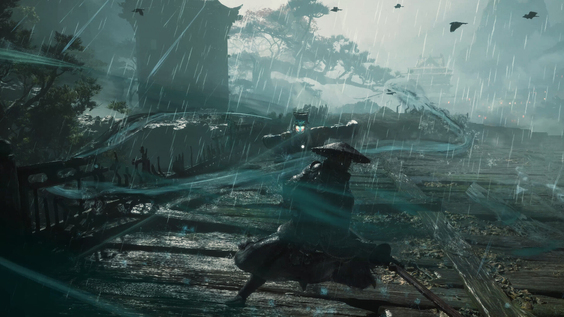 A duel in the rain in Phantom Blade Zero: a swordsman in a conical straw hat lunges low across a flooded stone arena, his blade trailing a teal arc, while a phantom with a glowing cyan mask spreads its arms behind him in the downpour.