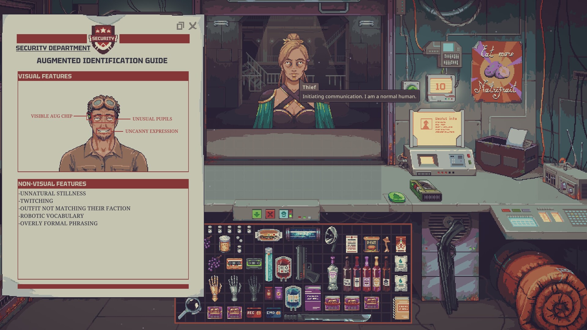 The Security Department's Augmented Identification Guide open on the counter, listing the visual features - a visible aug chip, unusual pupils and an uncanny expression - above the non-visual features, while a customer waits in the queue.