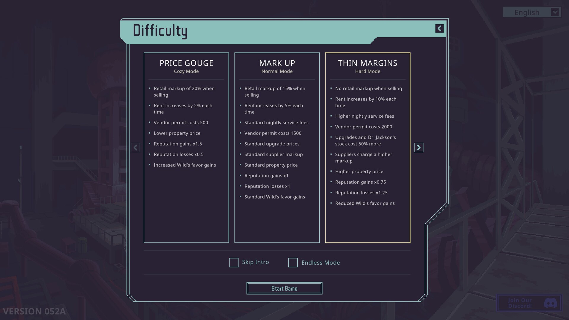 The in-game Difficulty screen with the options side by side: Price Gouge (Cozy Mode) charging a 20% retail markup with rent rising 2% and a 500 credit vendor permit, Mark Up (Normal Mode) at 15% with rent rising 5% and a 1500 credit permit, and Thin Margins (Hard Mode) with no markup, rent rising 10% and a 2000 credit permit.