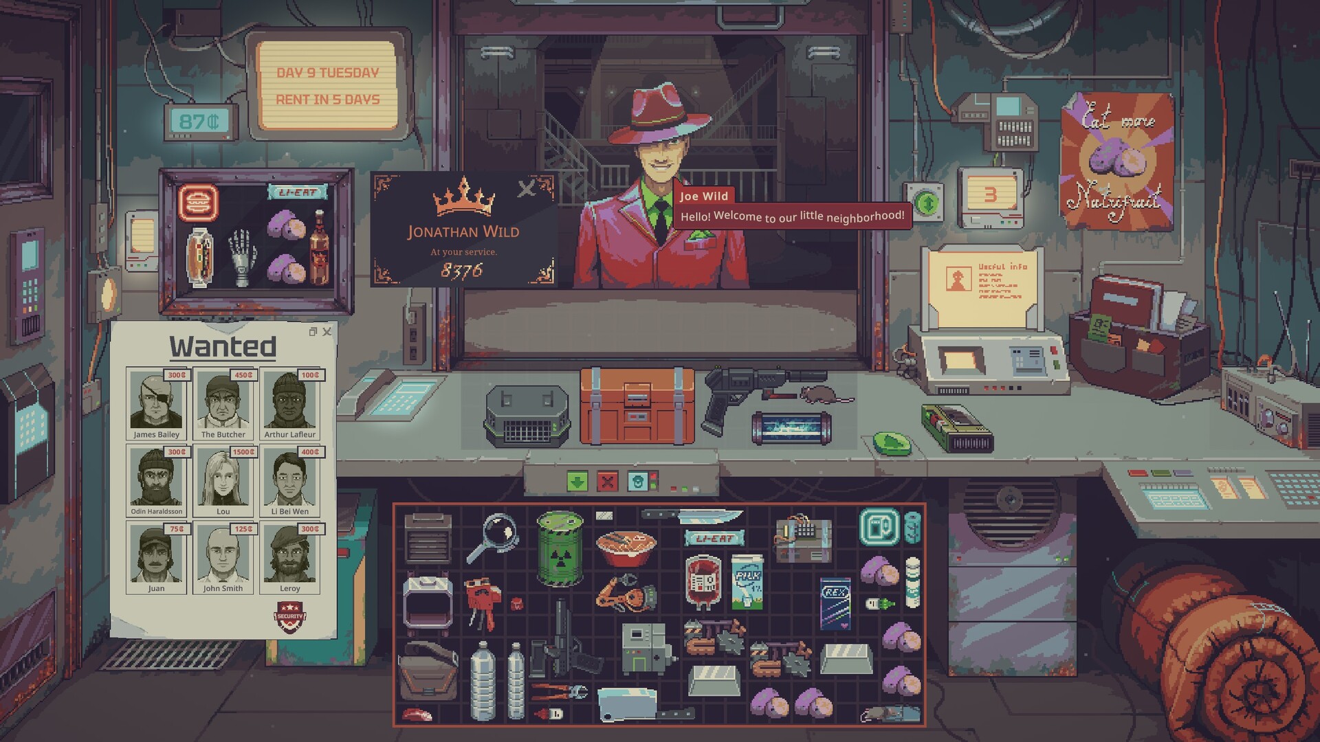 The Probably Stolen shop counter: Joe Wild in a red suit at the service window, the nine-name Wanted poster pinned beside a LI-EAT display case, a day 9 rent countdown sign on the wall and the shop's stock laid out on the counter and in the inventory grid.