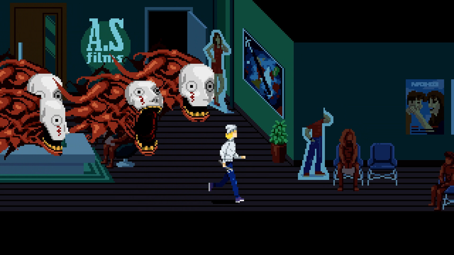 The A.S. Films studio lobby: the studio logo is painted on the green wall beside the staircase, Julia walks down the stairs past a potted plant, three large red creatures with white masks crowd the left, and a row of blue chairs with cardboard cutout figures lines the corridor on the right.