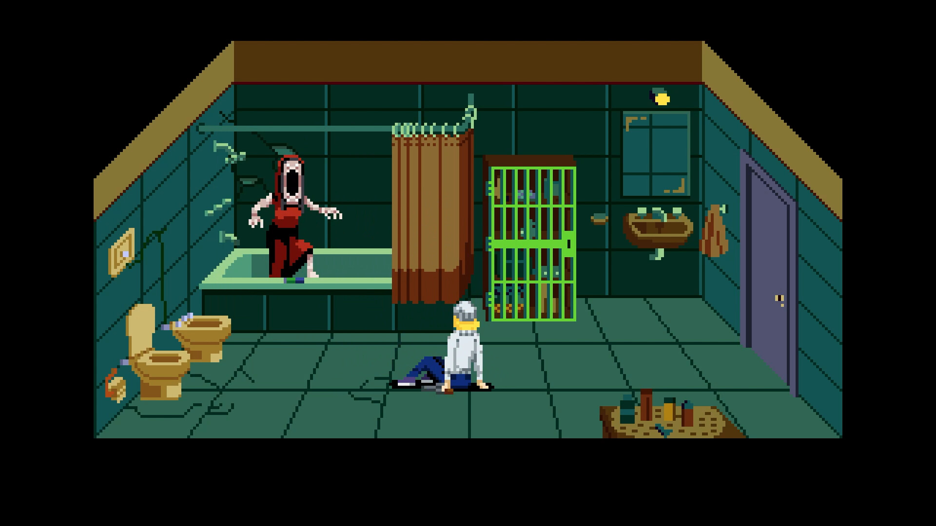 Julia is down on the floor of a tiled bathroom while a red-clothed creature stands in the bathtub; a shower curtain hangs across the middle of the room, with a green cabinet, a sink under the window and a blue door on the right.