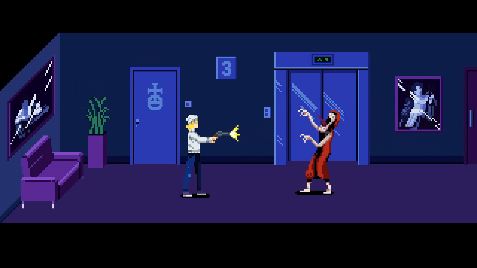 Julia swings the wrench at a red-clothed creature in the elevator hallway beside the open lift, with a blue plaque marked 3 on the wall, a potted plant and a purple armchair on the left, and framed film posters on both walls.