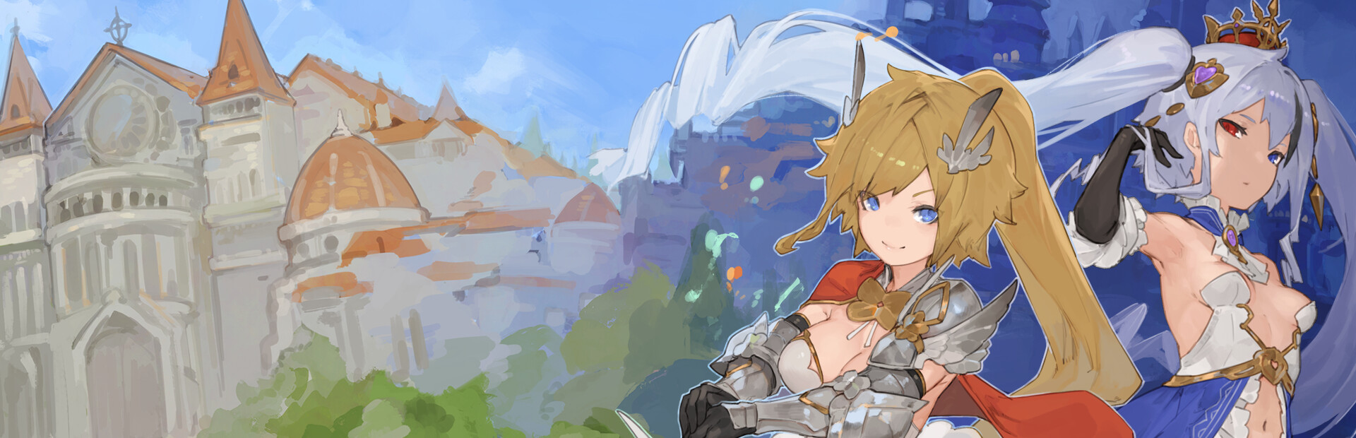 Tensei Brave key art: a blonde heroine in silver armor and a red cape stands in front of a silver-haired woman wearing a gold crown and a white-and-blue dress, with a white city of orange tile roofs and green trees under a blue sky behind them.