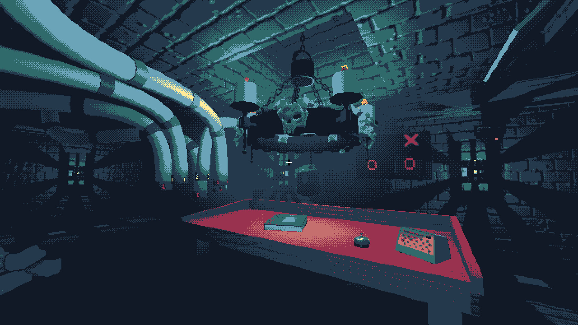 In-game view of the mailroom floor: pneumatic tubes run along the ceiling above a red desk holding a letter and a mail sorter.