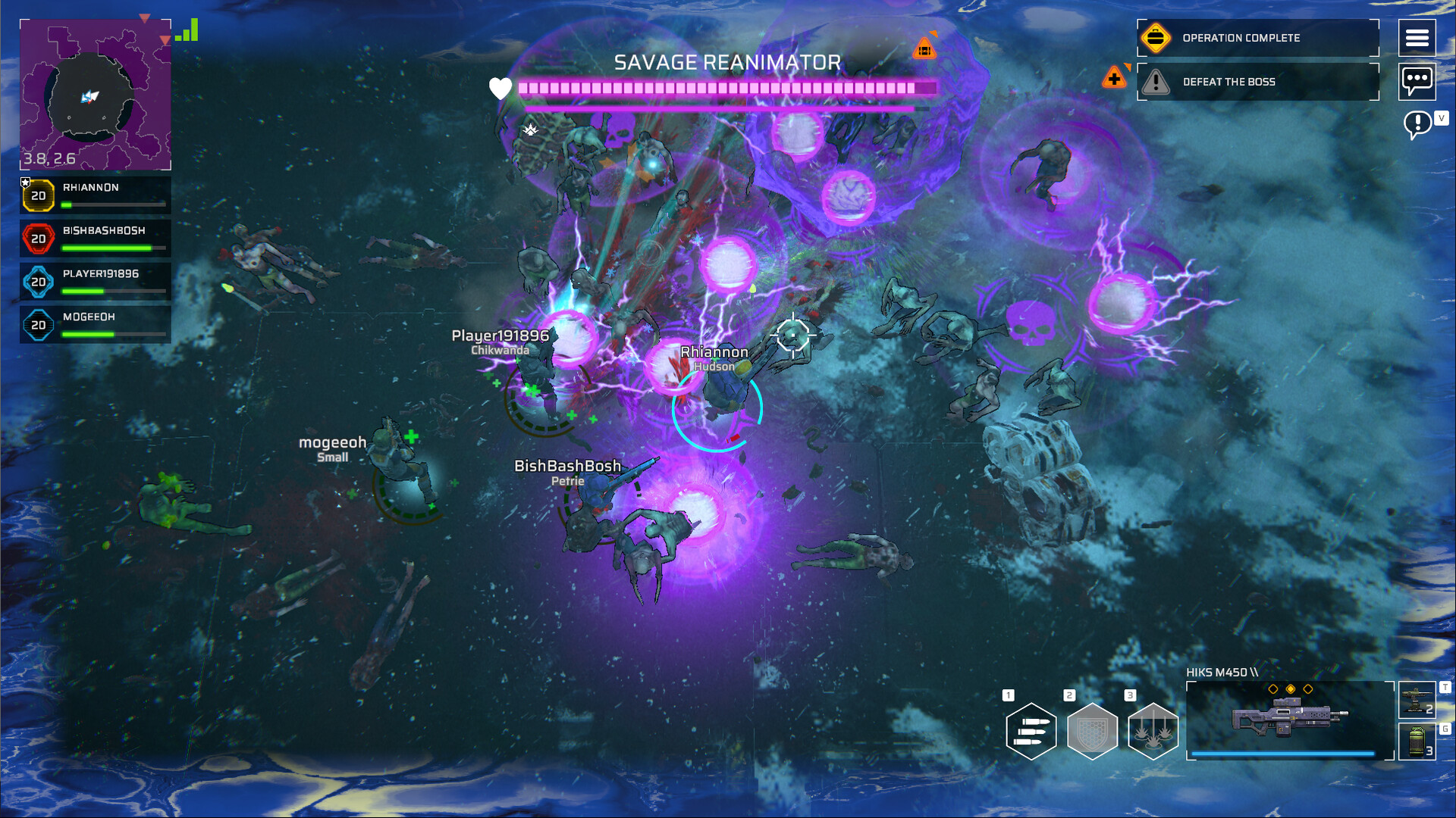 Four-player squad fighting the Savage Reanimator boss in Zombie Assault: Resurgence, with a magenta boss health bar and glowing violet energy orbs.